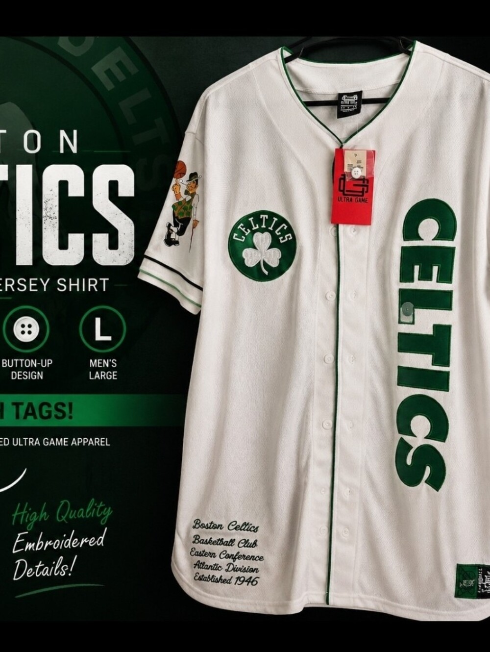 Boston Celtics Ultra Game Mesh Button-Up Jersey Shirt 🍀 NWT Men’s Large